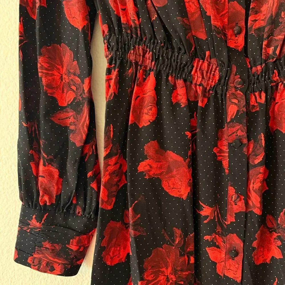 The Kooples Silk Dress EU 38 US 6 Black Red Roses Polka Dot Chic Coquette Indie
